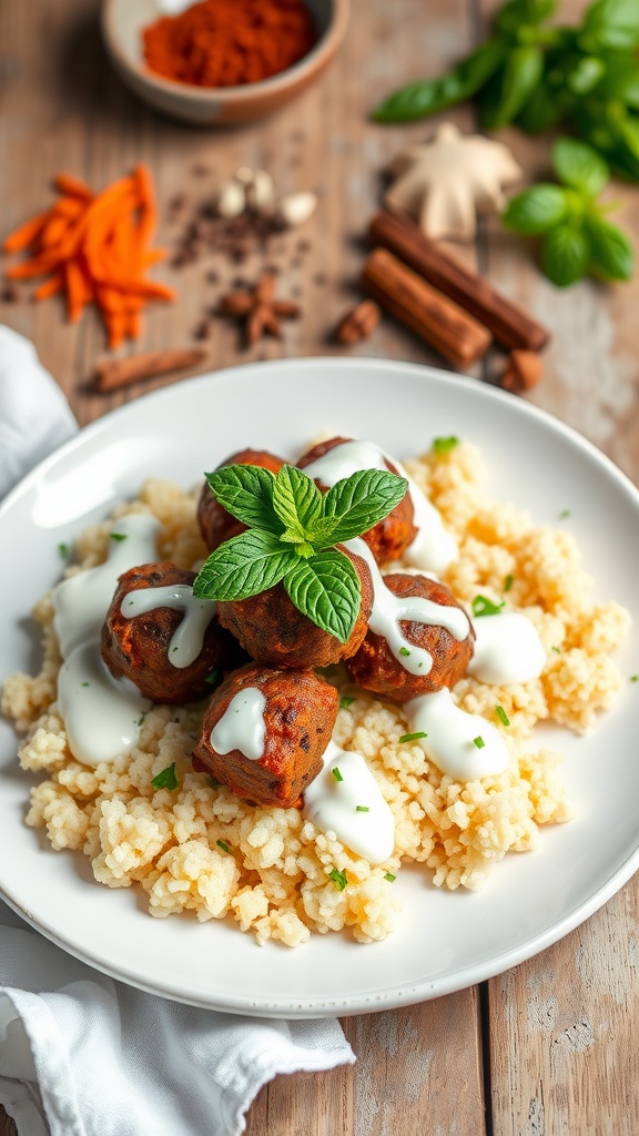 Moroccan spiced lamb meatballs on couscous with yogurt sauce and mint garnish.